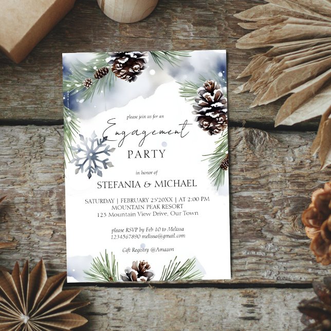 Convites Modelo de pinheiros de neve com aquarela noivado d (Winter engagement party editable template invitation digital download watercolor snowy pines )