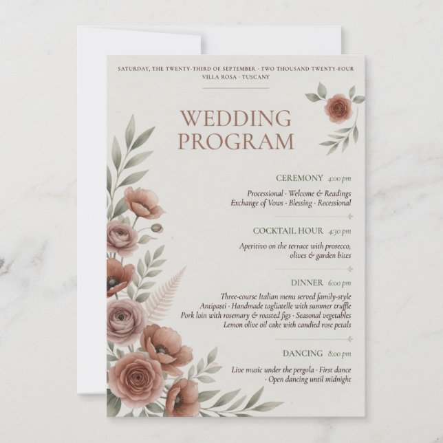 Convites Modelo de Programa de Casamento | Casamento Floral (Frente)