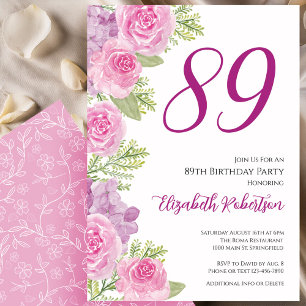 Convites Modelo de Rosas Cor-de-Rosa para 89º Aniversário