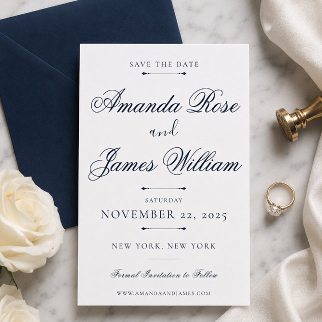 Convites Modelo de Salvar a Data de Casamento de Luxo Minim (Elegant navy Save the Date on marble with timeless luxury styling.)