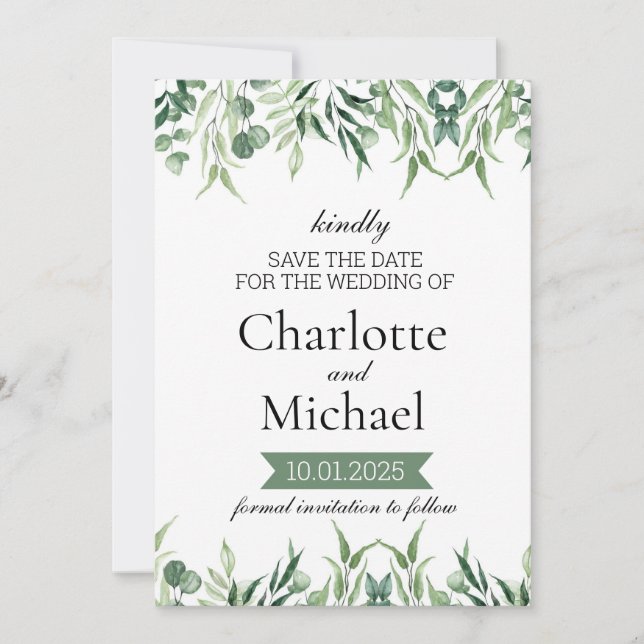 Convites Modelo de Save the Date de Elegante Folhagem (Frente)