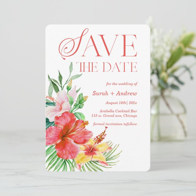 Convites Modelo de Save The Date Tropical para Imprimir (Em pé/Frente)
