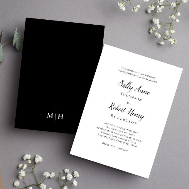 Convites Modelo de Script Simples Elegante Preto e Branco (Simple black and white calligraphy script wedding invitation.)