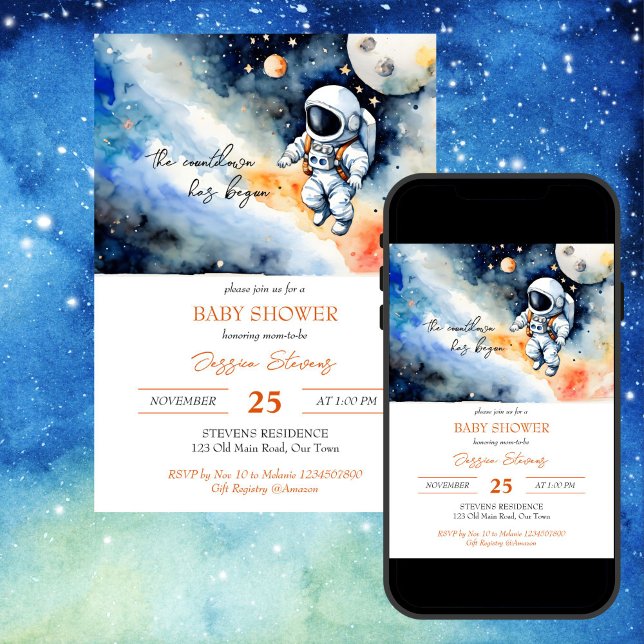 Convites Modelo do astronauta externo (Outer space astronaut baby shower editable template invitation digital download watercolor galaxy)