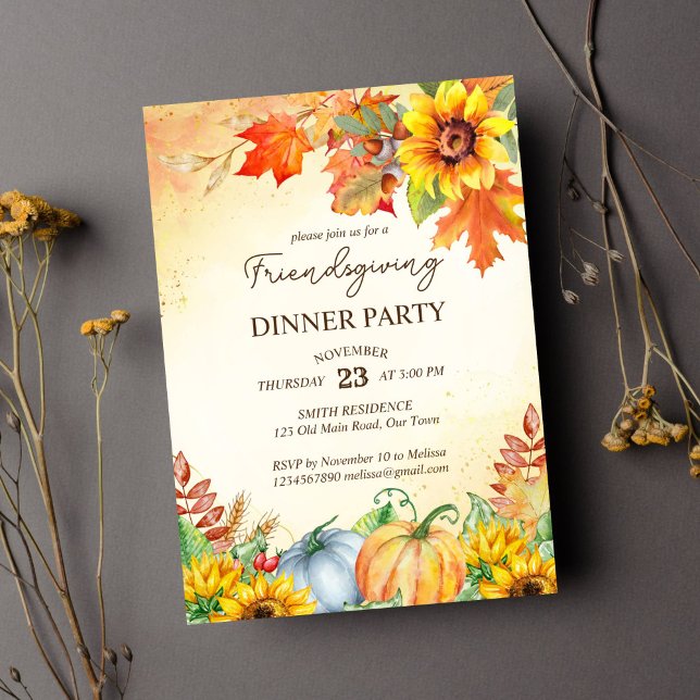Convites Modelo do janto de ação de graças (Friendsgiving thanksgiving dinner party template invitation instant download watercolor pumpkins)