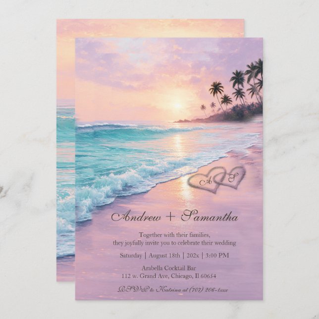 Convites Modelo editável Beach Wedding (Frente/Verso)