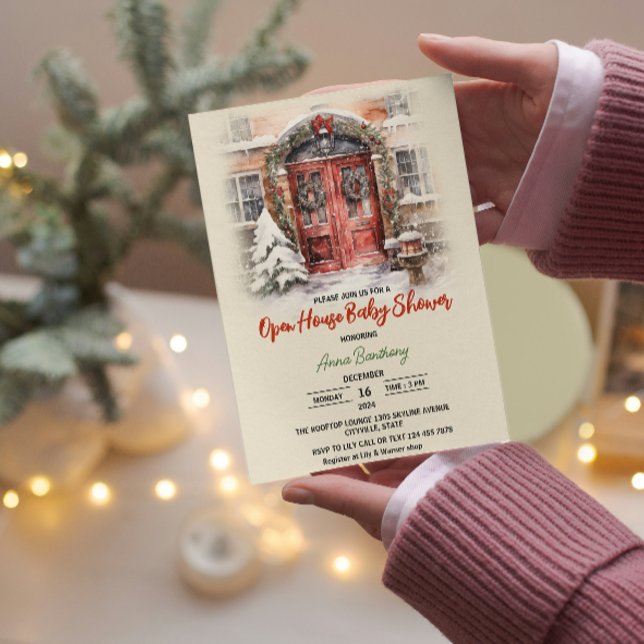 Convites modelo editável casa aberta de Natal baby shower (open house baby shower mother to be christmas for her, festive fun party elegant winter holiday )