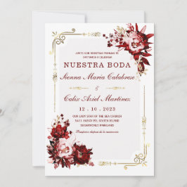 Convites Modelo Editável de Casamento em Bordeaux e Dourado