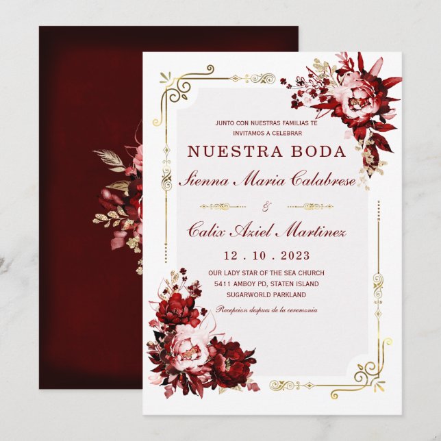 Convites Modelo Editável de Casamento em Bordeaux e Dourado (Frente/Verso)