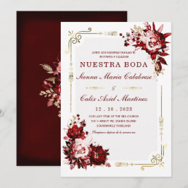 Convites Modelo Editável de Casamento em Bordeaux e Dourado