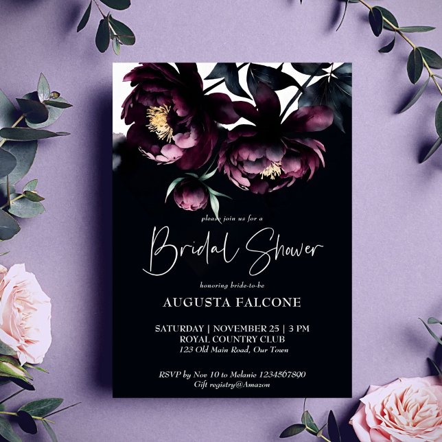 Convites Modelo elegante de chá de panela de som escuro (Dark moody noir elegant bridal shower editable template invitation digital download burgundy peonies)