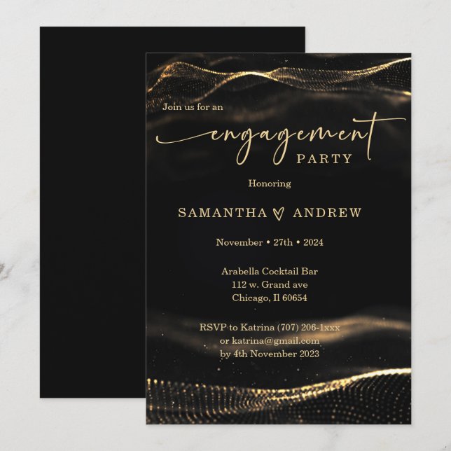 Convites Modelo Festa de noivado preto e dourado (Frente/Verso)