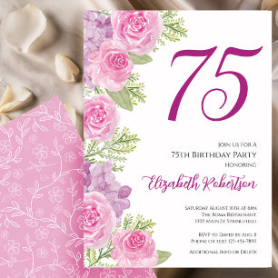 Convites Modelo Floral de Rosas Cor-de-Rosa para 75º Aniver