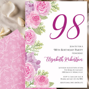 Convites Modelo Floral de Rosas Rosa para 98º Aniversário