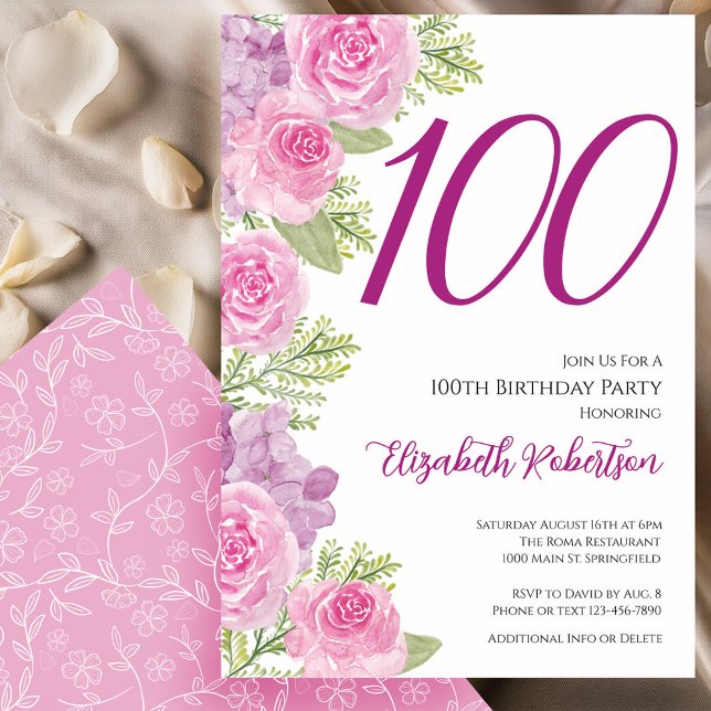 Convites Modelo Floral de Rosas Rosadas para 100º Aniversár (Criador carregado)