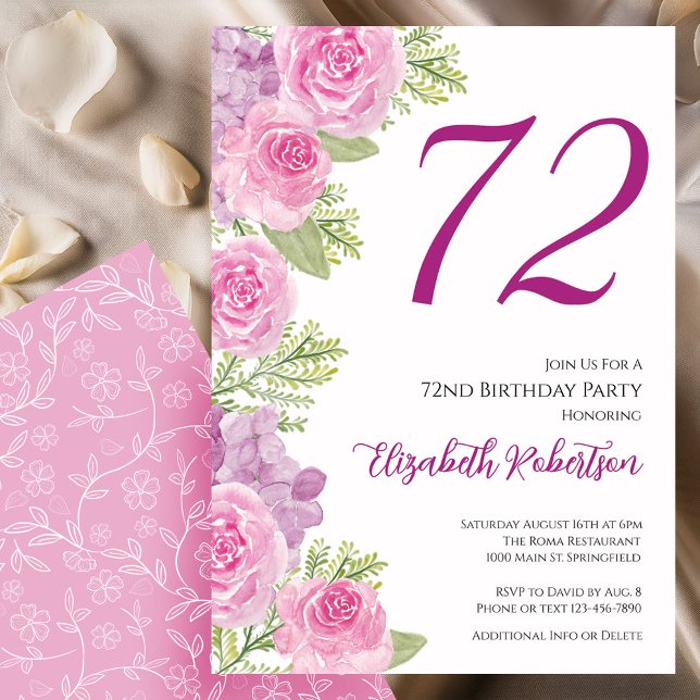 Convites Modelo Floral de Rosas Rosadas para 72º Aniversári (Criador carregado)