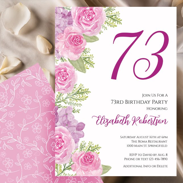 Convites Modelo Floral de Rosas Rosadas para 73º Aniversári (Criador carregado)