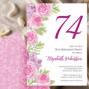 Convites Modelo Floral de Rosas Rosadas para 74º Aniversári