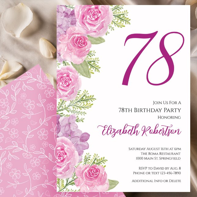 Convites Modelo Floral de Rosas Rosadas para 78º Aniversári (Criador carregado)