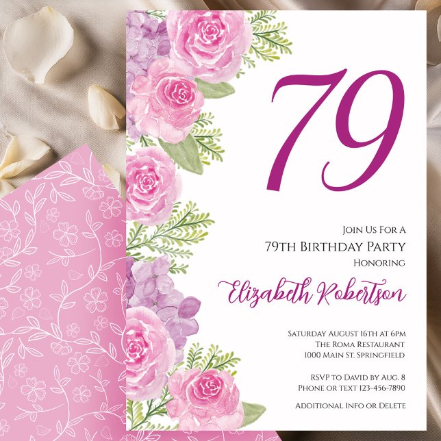 Convites Modelo Floral de Rosas Rosadas para 79º Aniversári (Criador carregado)