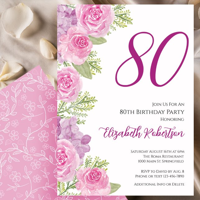 Convites Modelo Floral de Rosas Rosadas para 80º Aniversári (Criador carregado)