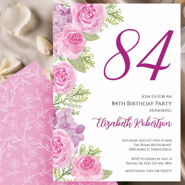 Convites Modelo Floral de Rosas Rosadas para 84º Aniversári (Criador carregado)