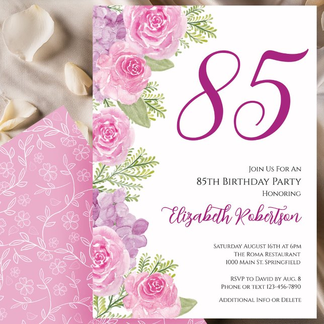 Convites Modelo Floral de Rosas Rosadas para 85º Aniversári (Criador carregado)