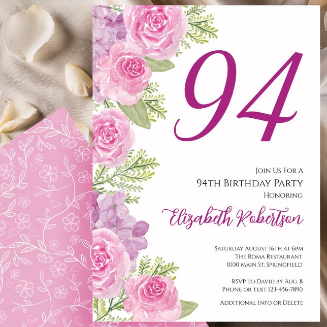 Convites Modelo Floral de Rosas Rosadas para 94º Aniversári (Criador carregado)