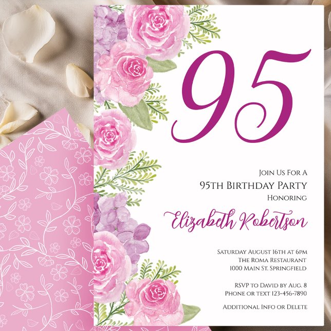 Convites Modelo Floral de Rosas Rosadas para 95º Aniversári (Criador carregado)