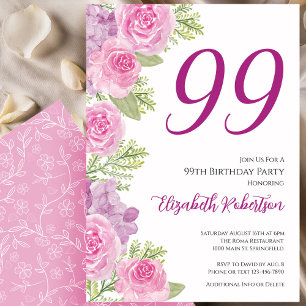Convites Modelo Floral de Rosas Rosadas para 99º Aniversári