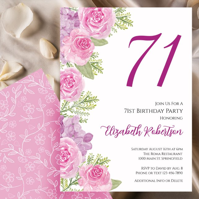 Convites Modelo Floral de Rosas Rosas para 71º Aniversário (Criador carregado)