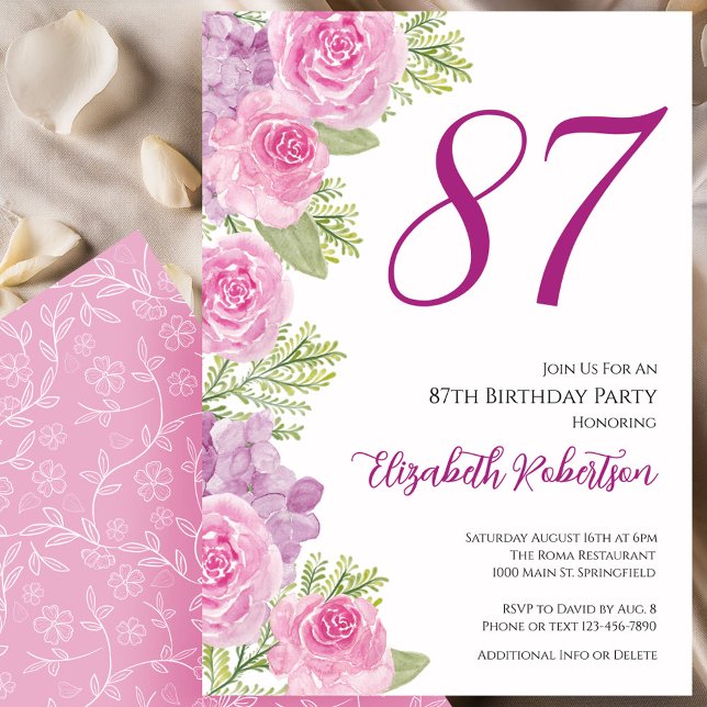 Convites Modelo Floral de Rosas Rosas para 87º Aniversário (Criador carregado)