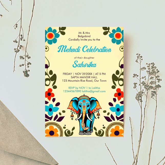 Convites Modelo mehndi, elefante de casamento índio (Cute Indian wedding cute elephant Mehndi editable template invitation digital download groovy retro)