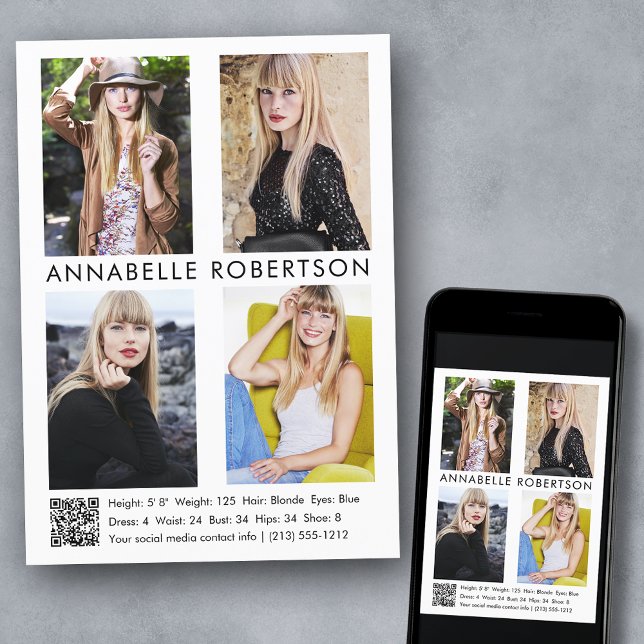 Convites Modelo Moderno Ator 4 Fotografias QR Code Comp Car (Customize to change background color, text size, style or to add more photos to back of card.)