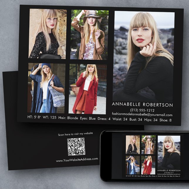 Convites Modelo Moderno Ator QR Code Back 5 Fotografias Com (Customize to change background color, text size, style or to add more photos to back of card.)