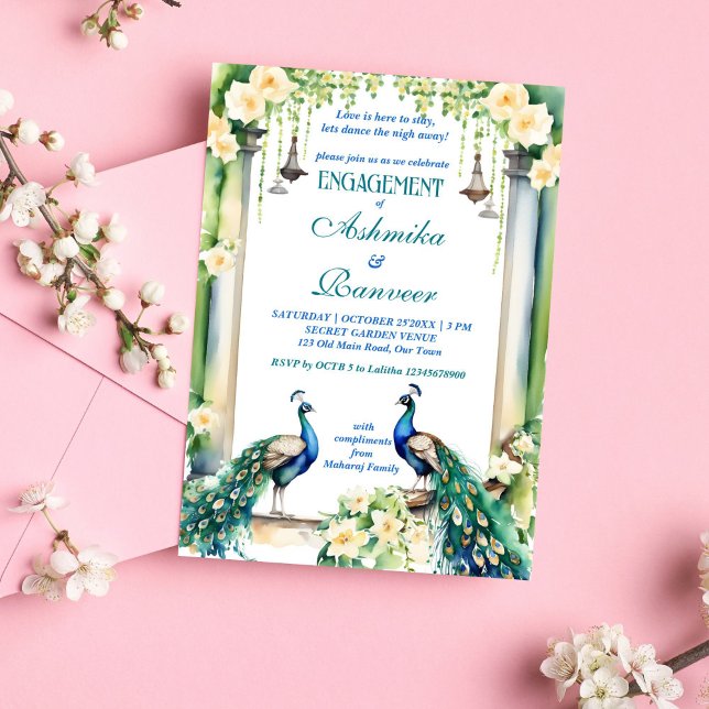 Convites Modelo noivado de Peacock e Jasmine (Peacock and jasmine Indian wedding engagement template editable invitation instant digital download)