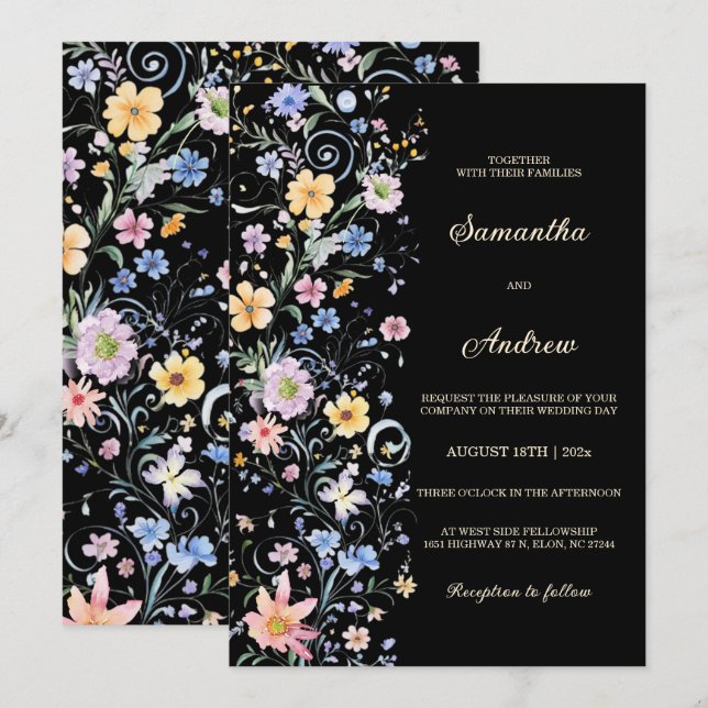 Convites Modelo Preto de Casamento de Flores Silvestres Rús (Frente/Verso)