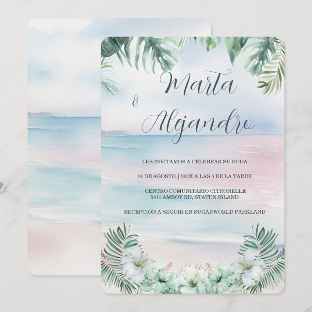 Convites Modelos de casamento tropicais em aquarela (Frente/Verso)