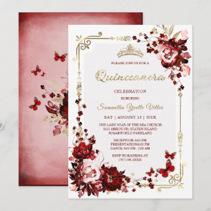 Convites Modelos de Quinceanera Burgundy e Dourado