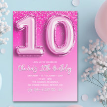 Modern 10th Birthday Girl with Pink Number Balloon