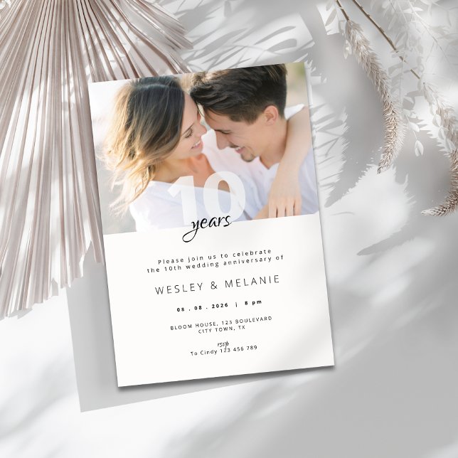 Convites Modern 10th Wedding Anniversary with Photo  (modern 10th wedding anniversary invitation with photo)
