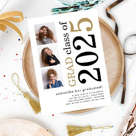 Convites Modern 3 fotos Black Dourado 2025 White Graduation