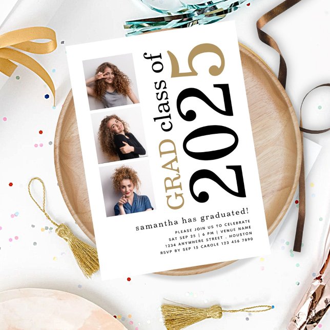 Convites Modern 3 fotos Black Dourado 2025 White Graduation (front view)