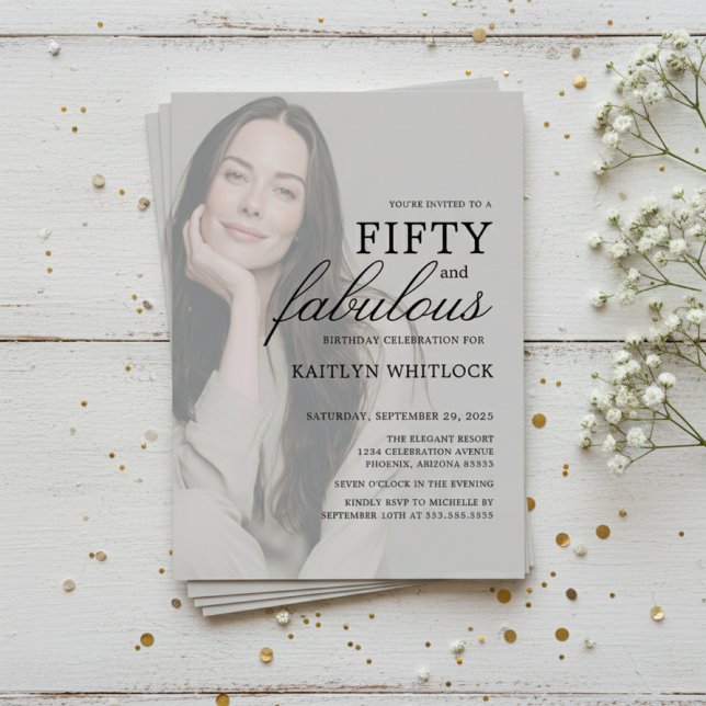 Convites Modern 50 and Fabulous 50th Birthday Party (modern elegant fifty and fabulous birthday party invitation with full photo overlay for 50th for her)