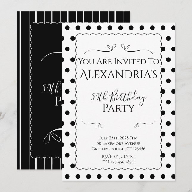 Convites Modern 50th Birthday Party Black and White (Frente/Verso)