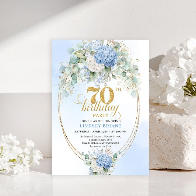 Convites Modern 70th Birthday Light Blue Hydrangea Invites (Modern 70th Birthday Light Blue Hydrangea Invitation)