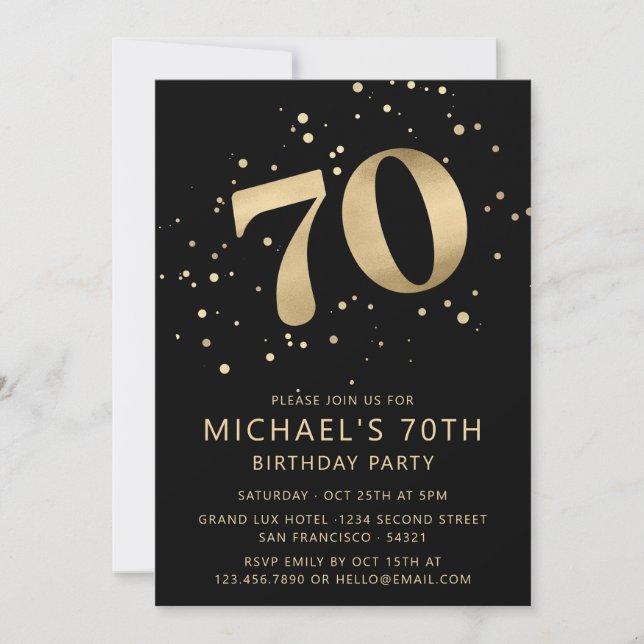 Convites Modern 70th Seventy Birthday Black and Gold (Frente)