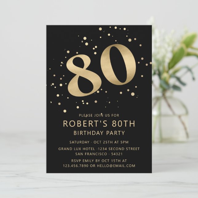Convites Modern 80th Eighty Birthday Photo Gold Glitter (Em pé/Frente)