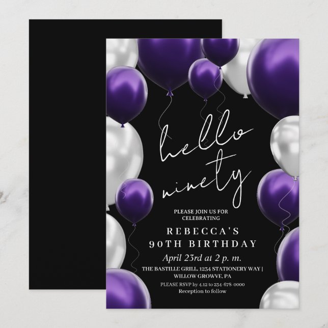 Convites Modern 90th Birthday Black Silver Purple Balloons  (Frente/Verso)