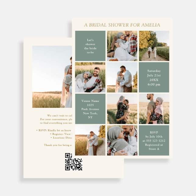 Convites Modern 9 Photo Collage Sage Green Bridal Shower (Criador carregado)
